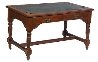 English Chippendale Style Carved Mahogany Writing Table, early 20th c., the rectangular top with an inset gilt tooled green leather writing surface, o