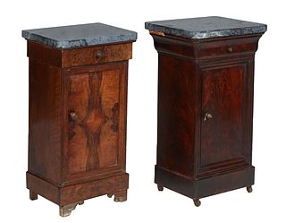 Pair of French Louis Philippe Carved Walnut Marble Top Nightstands, 19th c., the thick rounded corner figured gray marble over a frieze drawer and a l