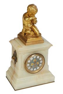 Ferdinand Barbedienne (1810-1892, French), French Alabaster Gilt Bronze and Champleve Mantel Clock, 19th c., surmounted by a gilt bronze of a seated c