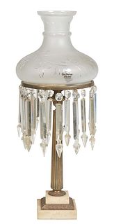 Large American Bronze and Marble Sinumbra Lamp, 19th c., the fuel shade ring hung with long spear and button prisms, on a tapered reeded support to a 