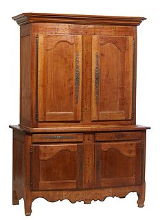 French Provincial Louis XV Style Inlaid Carved Cherry Buffet a Deux Corps, 19th c., the stepped canted corner ogee crown over double arched panel door