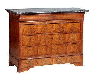 French Louis Philippe Carved Walnut Marble Top Commode, 19th c., the rounded corner reeded edge highly figured gray marble over a cavetto frieze drawe