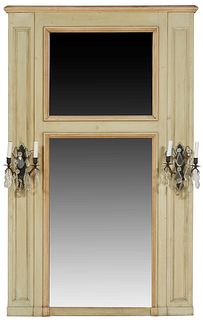 French Carved Polychromed Beech Trumeau, 19th c., the stepped crown over an upper mirror panel above a wide beveled mirror flanked by two prism hung b