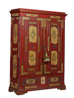 Italian Polychromed Pine Paint Decorated Armoire, 19th c. the stepped slanted crown over double floral painted doors, on a base with two drawers, in r