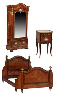 Louis XV Style Three Piece Ormolu Mounted Kingwood Bedroom Suite, 20th c. consisting of a marble top nightstand, the white marble with a pierced brass