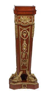 French Empire Style Gilt Bronze Mounted Inlaid Kingwood Pedestal, 20th c., the unfinished top on a square tapered support, on a stepped quadruped base