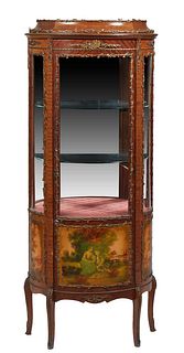 Louis XV Style Ormolu Mounted Carved Mahogany Vitrine, 20th c., the stepped top over a door with a curved plexiglass upper panel over a lower panel wi