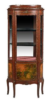 Louis XV Style Ormolu Mounted Carved Mahogany Vitrine, 20th c., the stepped top over a door with a curved plexiglass upper panel over a lower panel wi