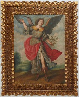 South American School, "Archangel Ariel," early 20th c., oil on panel, unsigned, presented in a gilt frame, H.- 27 1/8 in., W.- 19 1/4 in., Framed H.-