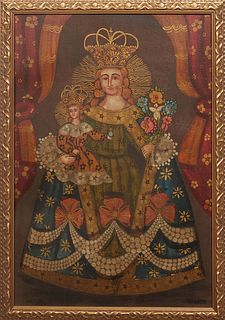 Cuzco School, "Virgin and Child," early 20th c., oil on board, unsigned, presented in a gilt frame, H.- 26 5/8 in., W.- 18 1/4 in., Framed H.- 29 1/4 