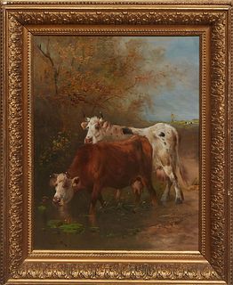 Henry Schouten (Belgium, 1859/1867-1927), "Cows Drinking Water," early 20th c., oil on canvas, signed lower left, presented in a gilt frame, H.- 19 1/