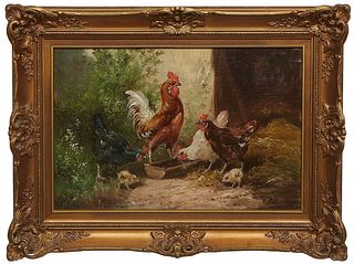 Paul Henry Schouten (Belgium, 1860-1922), "Chickens," early 20th c., oil on canvas, signed lower right, presented in a gilt frame, H.- 15 1/4 in., W.-