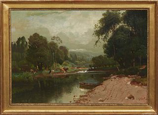 Joseph Million (France, 1861-1931), "Cows Grazing and Drinking by the River," 19th c., oil on canvas, signed lower right, with "10 PB" stamped on canv