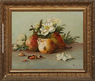 Marcel Baiser (French), "Still Life of Pears and Flowers," 1903, oil on canvas, signed and dated lower right, presented in a gilt frame, H.- 12 1/2 in