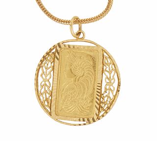 Suisse 5g 24K Yellow Gold Bar Pendant, mounted in a pierced 21K yellow gold bezel, on a 21K yellow gold snake chain, Pendant- Dia.- 1 1/8 in., L- 27 i
