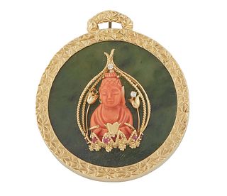 18K Gold and Coral Oriental Pendant/Brooch, with a seated carved coral buddha on a dais mounted with small rubies on a circular green jade backing, wi