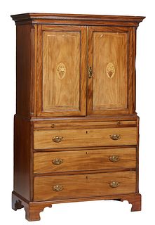 English Inlaid Satin Mahogany Linen Press, 19th c., the stepped dentillated crown over double fielded panel cupboard doors, opening to four sliding sh