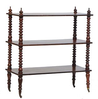English Carved Mahogany Serving Trolley, late 19th c., with an arched back splash over three rectangular shelves on finial topped bobbin turned suppor