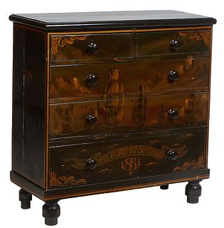 English Painted Pine Chest, 19th c., the rounded edge rectangular top painted "Admiral Sir James Park," over two deep frieze drawers and three deep dr