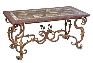 Pietra Dura Top Wrought Iron Conservatory Table, the thick red marble top inlaid with multi-color geometric marble designs, on a scrolled leg flat wro