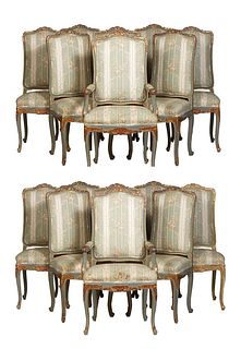 Set of Sixteen (14 +2) Italian Polychromed and Gilt Beech Louis XV Style Dining Chairs, consisting of fourteen side chairs and two armchairs, the high