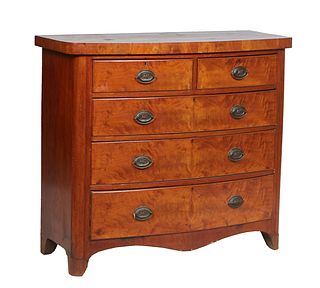 English Carved Mahogany Bowfront Chest, 19th c., the bowed top over two conforming deep frieze drawers, above three deep bowed drawers, on a plinth ba