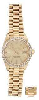 Women's 18K Yellow Gold Oyster Perpetual Date Just Chronometer Wrist Watch, with a round diamond bezel, a date window and gold chapter marks, with ori