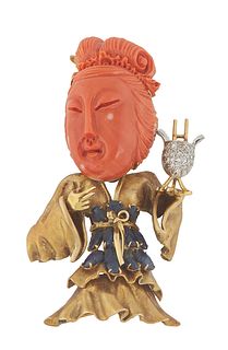 Large 14K Yellow Gold Oriental Carved Coral Figural Brooch, 20th c., mounted with carved lapis and small pave diamonds, H.- 3 1/8 in., W.- 1 7/8 in., 