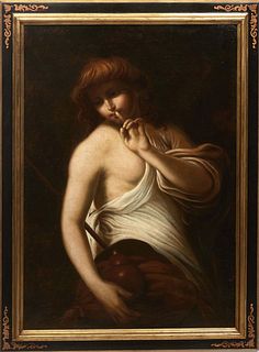 Continental School, "Classical Figure with a Staff and Gourd," 19th c., oil on canvas, unsigned, possibly an angel, presented in a gilt and ebonized f