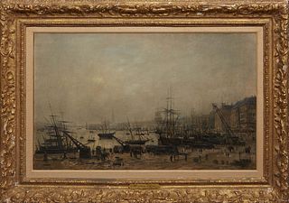 Stanislas Lepine (French, 1835-1892), "French Harbor Scene," 19th c., oil on canvas, signed lower right, with an artist plaque attached on bottom of f