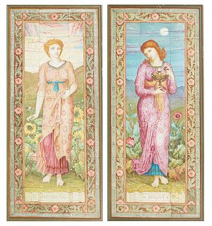Pair of Aesthetic Movement Faience Tile Pictures of Morning and Night, c. 1900, each large rectangular twenty-one tile picture of a red hair beauty in