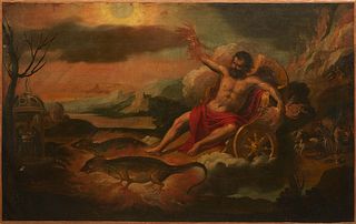 Continental School, "Mythological Scene of a God with Dragon Figures Pulling a Chariot," 19th c., oil on canvas, unsigned, unframed, H.- 39 3/8 in., W
