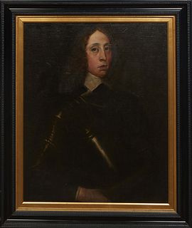 Continental School, "Portrait of a Man in Armor," 19th c., oil on canvas, unsigned, presented in an ebonized and gilt frame, H.- 29 in., W.- 23 3/8 in