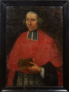 Continental School, "Portrait of a Cardinal at 64," c. 1750, oil on canvas, with "AETATIS 64, 1750," written upper right, and a faded inscription en v