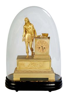 French Gilt Bronze Figural Mantel Clock, 19th c., with a soldier next to a time and strike drum clock with a relief bronze face with painted Roman num