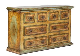 French Provincial Paint Decorated Chest, 19th c., the stepped rounded edge top over four deep drawers with iron pulls, over two banks of two drawers, 