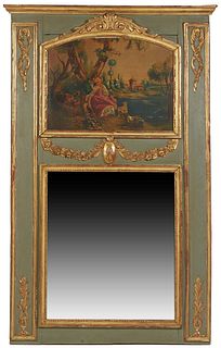 Italian Polychromed Gilt and Gesso Beech Trumeau Mirror, 19th c., the stepped crown over an arched oil painting of lovers in a garden, above an applie