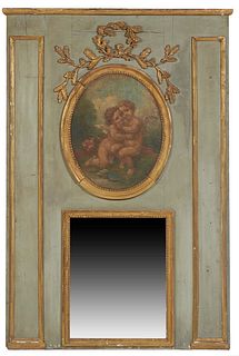 Italian Gilt and Polychromed Beech Trumeau Mirror, 19th c., the rounded crest over a gilt leaf and wreath applique, above an oval oil of two winged pu