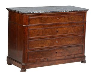 French Louis Philippe Carved Walnut Marble Top Secretary Commode, 19th c., the canted corner reeded edge highly figured gray marble over a fall front 