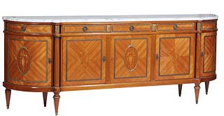 French Louis XVI Style Ormolu Mounted Marquetry Inlaid Mahogany Marble Top Sideboard, 20th c., the thick ogee edge cookie corner figured white marble 