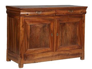 French Louis XV Style Carved Oak Sideboard, 19th c., the rounded corner and edge top over two cavetto frieze drawers, above double cupboard doors, on 