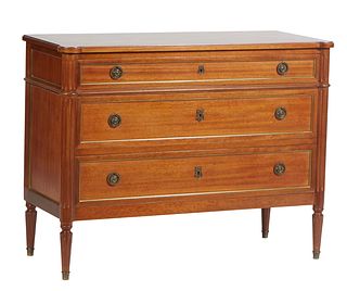 French Louis XVI Style Carved Cherry Commode, 20th c., the stepped cookie corner top over a frieze drawer and two deep drawers, flanked by reeded roun