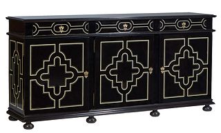 French Ebonized Beech Sideboard, 20th c., the stepped top over three frieze drawers above three cupboard doors, with geometric stripe decoration, on a