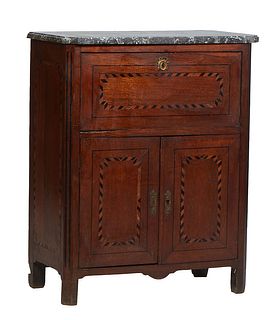 French Inlaid Oak Marble Top Secretary, c. 1870, the stepped canted corner figured gray marble over a fall front secretary fitted with eight drawers a