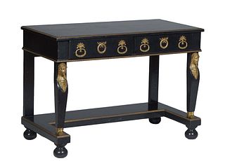 Egyptian Revival Ebonized Ormolu Mounted Console Table, 20th c., the rectangular top within a 3/4 bronze ormolu border, over two frieze drawers, on br