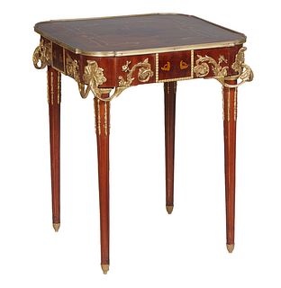 Louis XVI Style Ormolu Mounted Lamp Table, 20th c., painted with a marquetry style decoration, the brass bound square top with rounded corners, above 