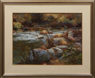 Jerome Grimmer (American, 1939-), "Oak Creek," 20th c., oil on canvas, signed lower right, presented in a silvered wood frame, H.- 17 3/4 in,. W.- 23 