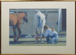 Pauline M. Howard (American/Texas, 1951-), "Checking the Horse's Leg," late 20th c., pastel on paper, signed lower left, presented in a gilt wood fram