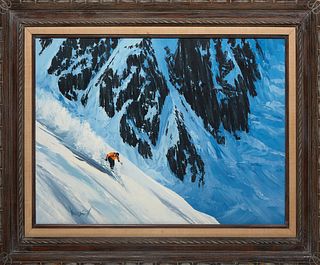 Roy Kerswill (American, 1925-2002), "Rendezvous Peak in Teton Village," 20th c., acrylic on canvas, presented in a wood frame, H.- 23 1/2 in., W.- 35 