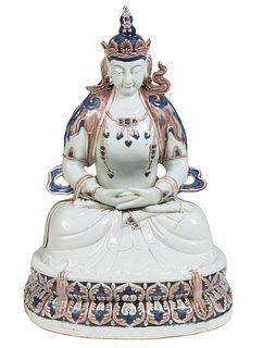 Large Chinese Underglazed Polychromed Porcelain Seated Buddha Figure, 20th c., in a meditative posture, both hands in his lap, seated on a cushioned t